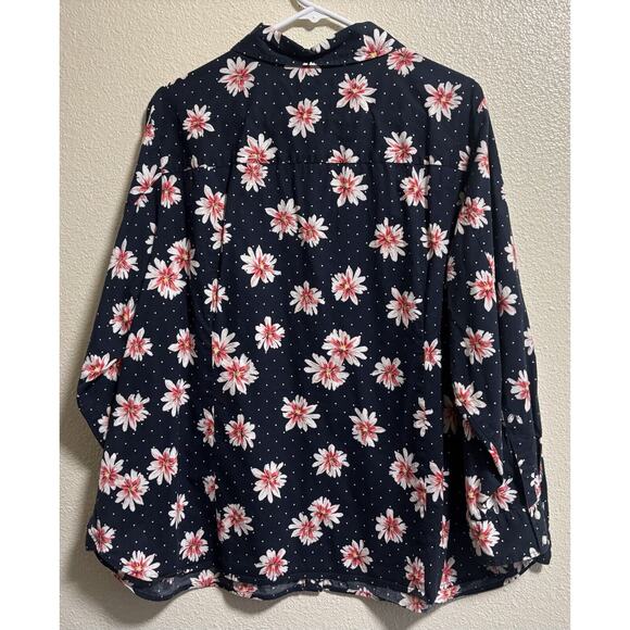 Tommy Hilfiger Womens 1X Button Down Blouse Navy Blue Floral Roll Tab Cotton - Picture 2 of 14